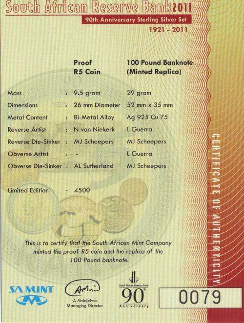 PROOF R5 + 100 pound bank note. SARB STERLING SILVER SET, Limited Edition. Excellent investment.