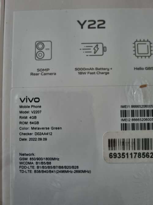 VIVO Y22 64gb 4gb Dual sim Metaverse green new sealed box
