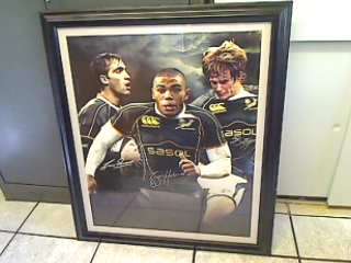 Framed Signed Print of Bryan Habana , Frans Steyn , and Ruan Pienaar (71 x 83cm) (Collection Only!!)