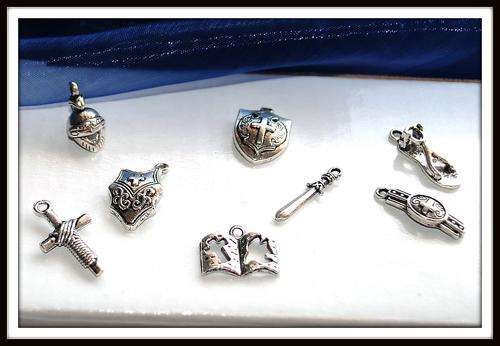 8 PIECE ARMOUR OF GOD CHARM SET IN TIBETAN SILVER