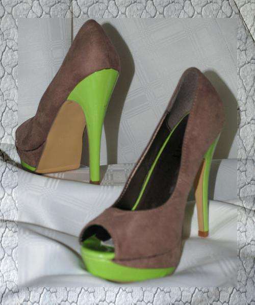 STUNNING TAUPE AND NEON PEEP TOES - SIZE 5