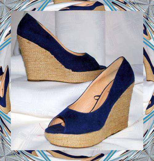 COBOLT BLUE SUEDE FEEL PEEP TOE BASKET WEAVE WEDGE - SIZE 6