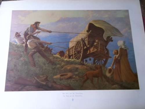 Gehalte afdruk van Voortrekkers in Drakensberg deur W H Coetzer, 1938.