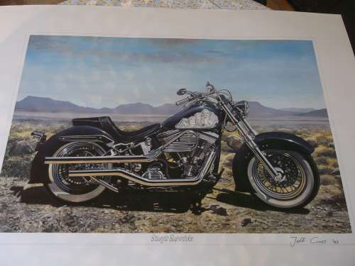 Set of 2 prints of motorbkie paintings by Jeff Cross, originally signed.