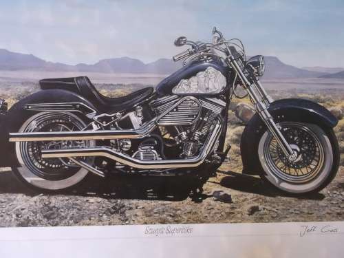 Set of 2 prints of motorbkie paintings by Jeff Cross, originally signed.