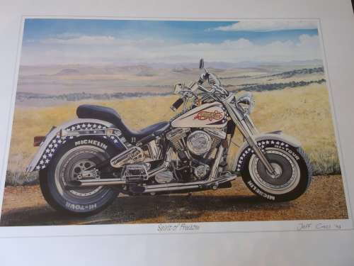 Set of 2 prints of motorbkie paintings by Jeff Cross, originally signed.
