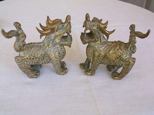 Oriental item. Old brass Chinese lions, Foo dogs,  pair of two.