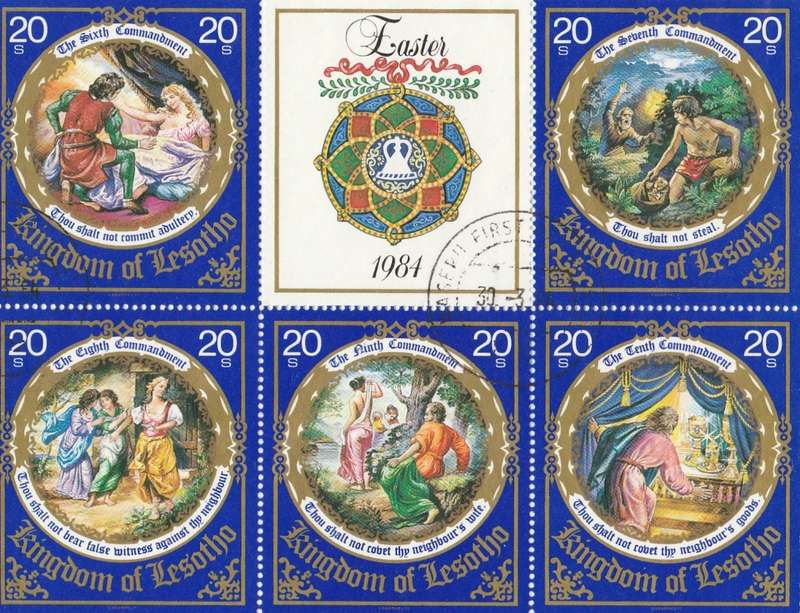 LESOTHO     1984 EASTER  SENTENANT  STRIP OF 6   COMMANDMENTS