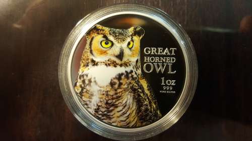 New Zealand mint colorized 1oz .999 fine silver proof coin Birds of Pray, The Great Horned Owl.