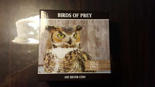New Zealand mint colorized 1oz .999 fine silver proof coin Birds of Pray, The Great Horned Owl.