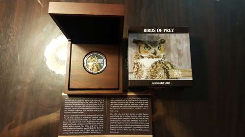 New Zealand mint colorized 1oz .999 fine silver proof coin Birds of Pray, The Great Horned Owl.