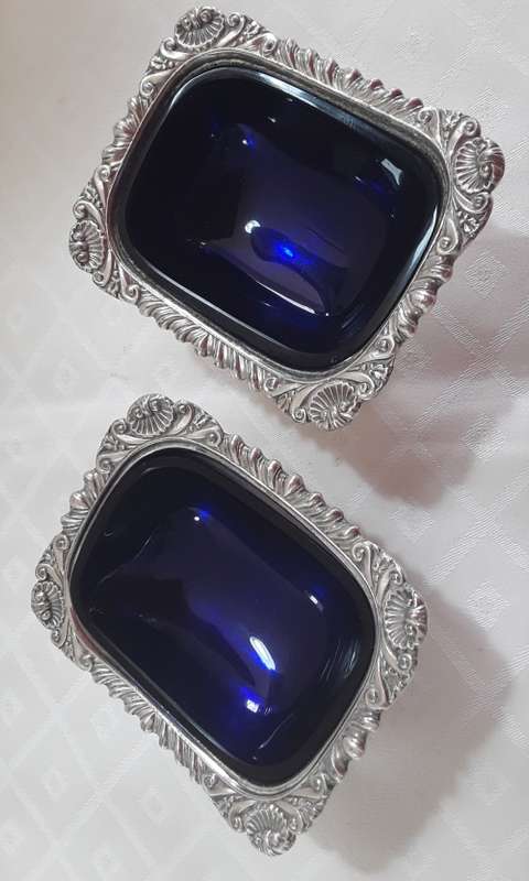 Silver Plated Open Salts with Blue Glass Liners