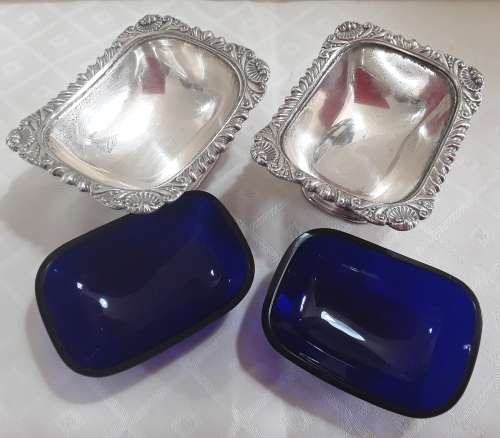 Silver Plated Open Salts with Blue Glass Liners