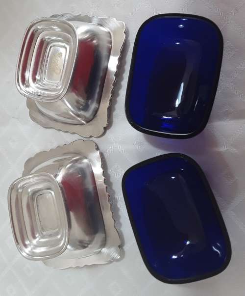 Silver Plated Open Salts with Blue Glass Liners
