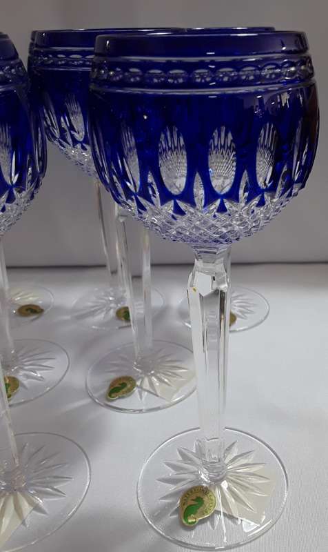 Waterford  Crystal  -  Cobalt  Blue  Clarendon  -  Stemmed  Wine Glasses  x 8