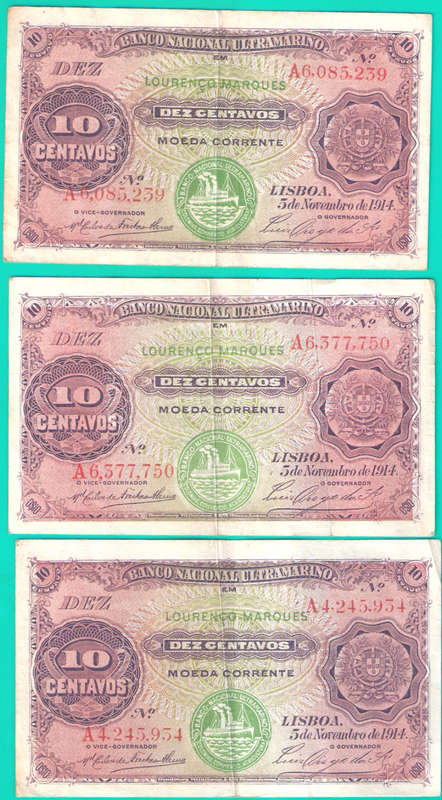 Triple lot of Banco Nacional Ultramarino 10 Centavos 5.11.1914 Seal Type LISBOA - as per scan