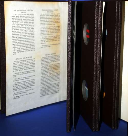 Leather bound Livingstone Mint book of Rhodesian Army Regiments and Corps.