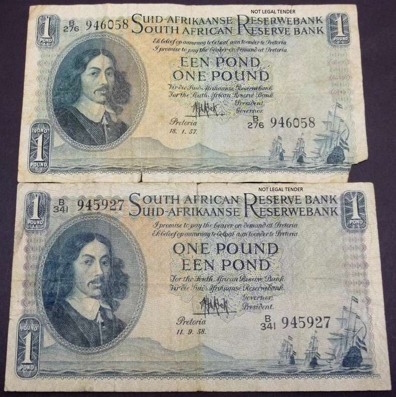 *CRAZY R1 START* 2x SA Union 1 Pound notes late 1950's