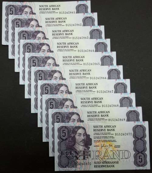 *CRAZY R1 START* SA R5 late 1980's - G de Kock 3rd Issue - 10 in sequence - all Beautiful condition
