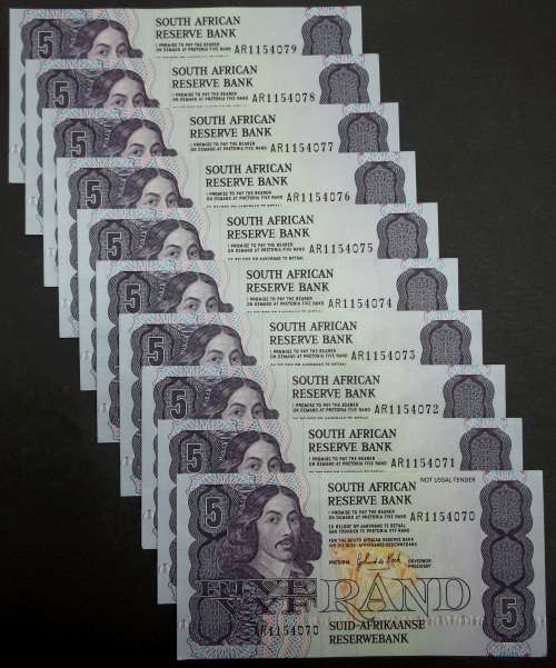*CRAZY R1 START* SA R5 late 1980's - G de Kock 3rd Issue - 10 in sequence - All aUNC condition