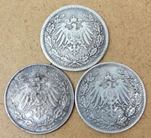 *CRAZY R1 START* Germany 1/2 Mark 1906A/1907J/1908J - R93 worth of Silver