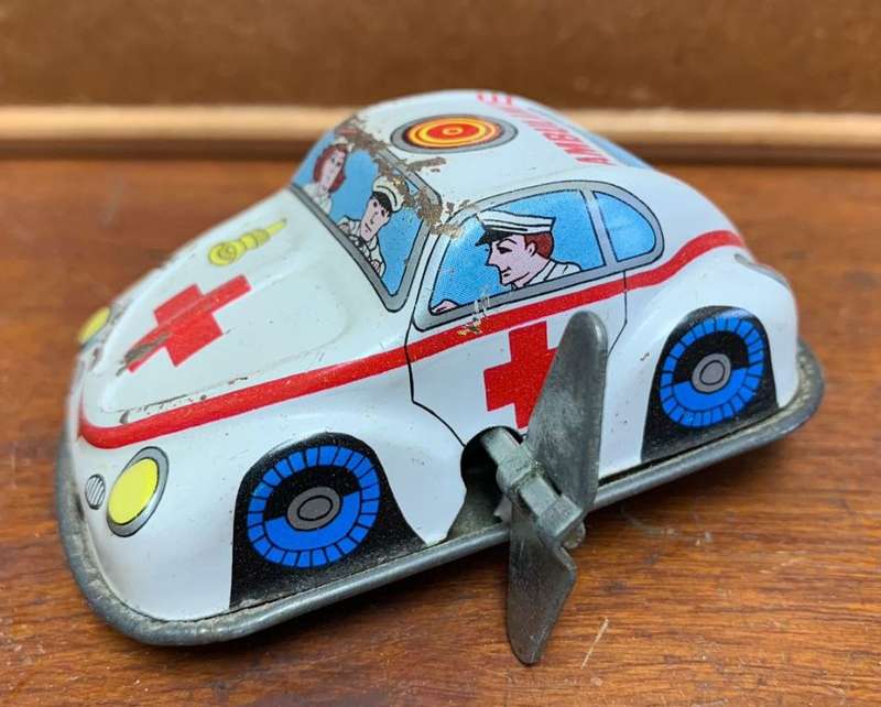 Vintage Ambulance Volkswagen Tin Litho Key Wind Up Toy Japan 1960s
