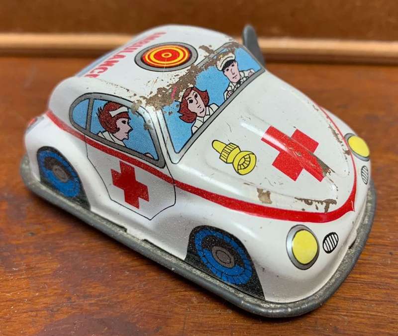 Vintage Ambulance Volkswagen Tin Litho Key Wind Up Toy Japan 1960s