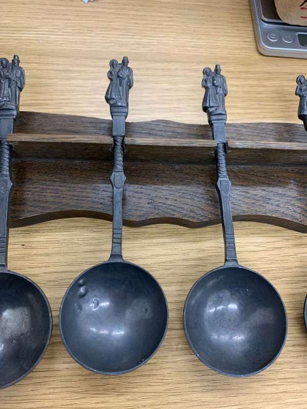 Vintage Dutch Pewter Wedding Spoon with wooden holder