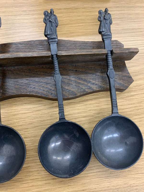 Vintage Dutch Pewter Wedding Spoon with wooden holder