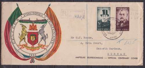 Union of SA 1955 Pretoria centenary Reg cover. LOOK SCAN