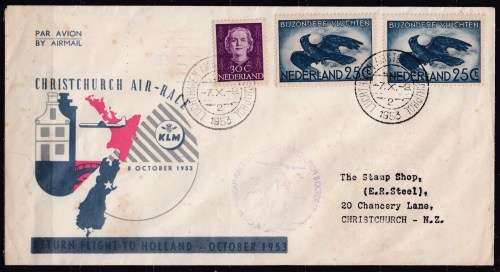 Netherlands 1953 Cristchurch air-race cover. LOOK SCAN