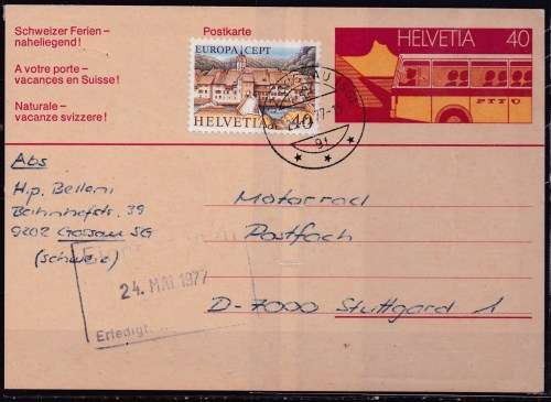 Helvetia - Switzerland 1977 post card. LOOK SCAN