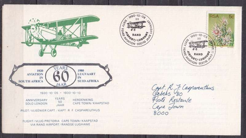 RSA 1980 60yrs of aviation in SA flown cover. LOOK SCAN.