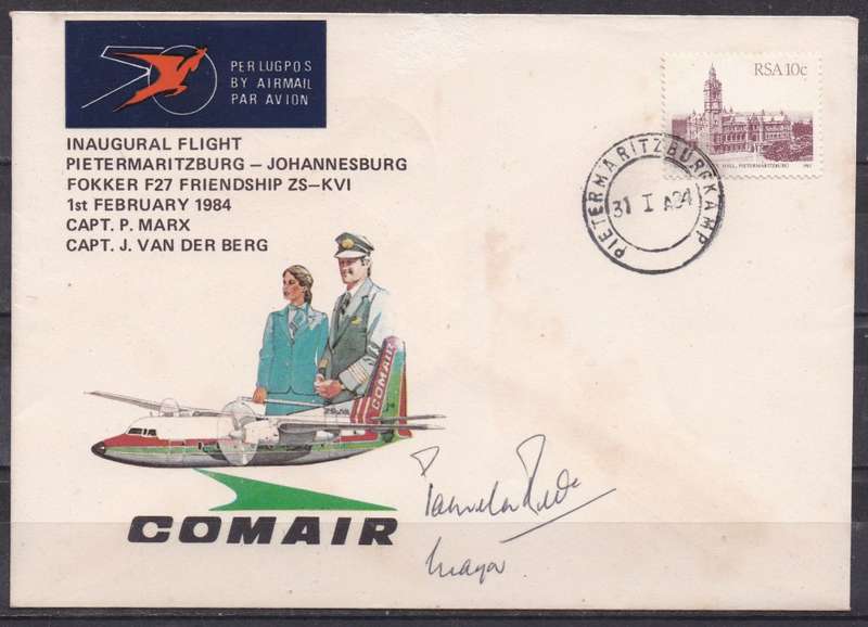 RSA 1984 innaugugral flight PMB - JHB signed  cover. LOOK SCAN.