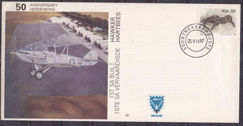 RSA 1987 50th anniv of 1st SA built Hawker cover. LOOK SCAN