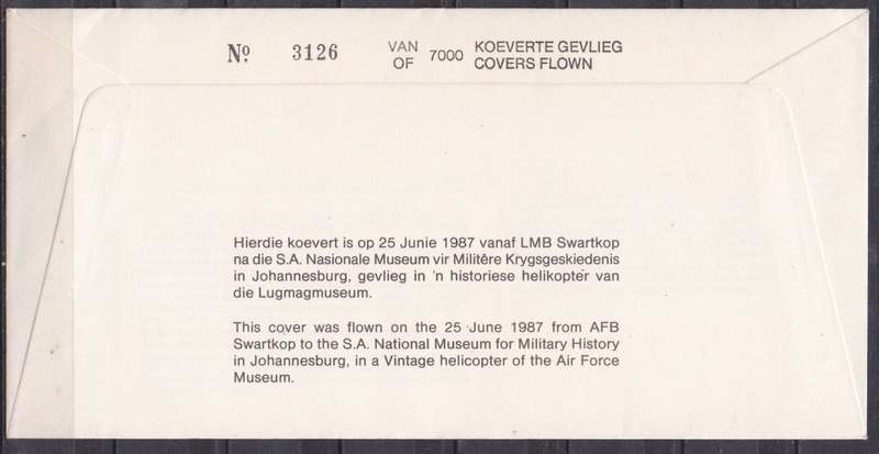 RSA 1987 50th anniv of 1st SA built Hawker cover. LOOK SCAN