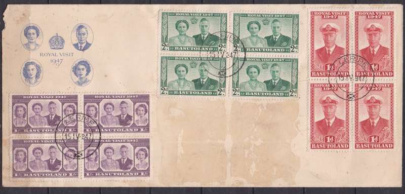 Basutoland 1947 royal visit FDC with blocks of 4.
