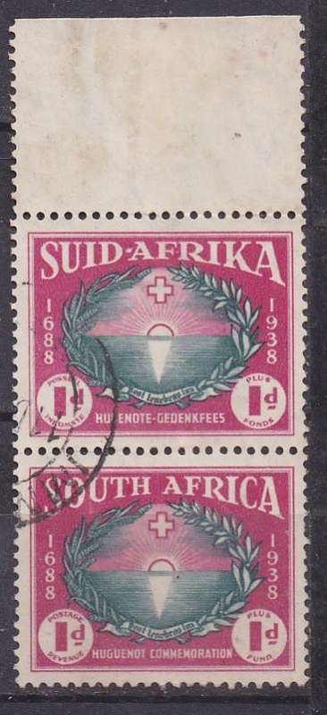 Union of SA 1939 the 250th anni. of Huguenot landing 1d + 1d FU vert margin pair