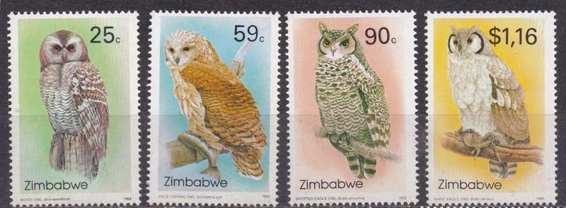 Zimbabwe 1993 owls full set singles. MNH