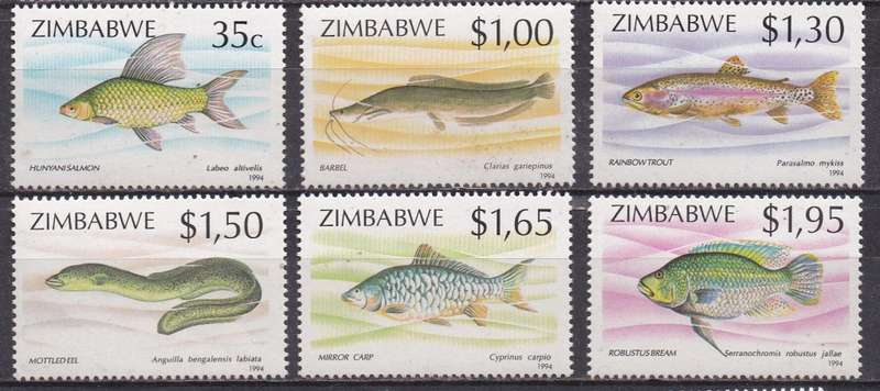 Zimbabwe 1994 fish type of 1989 full set singles. MNH