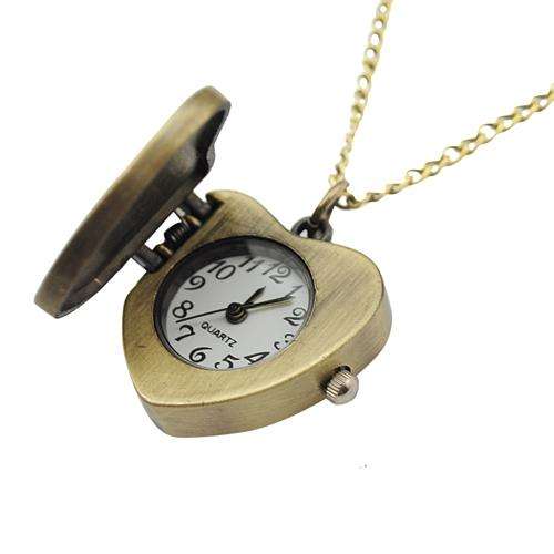 Antique Heart Style Brass Quartz Pocket Watch With Chain