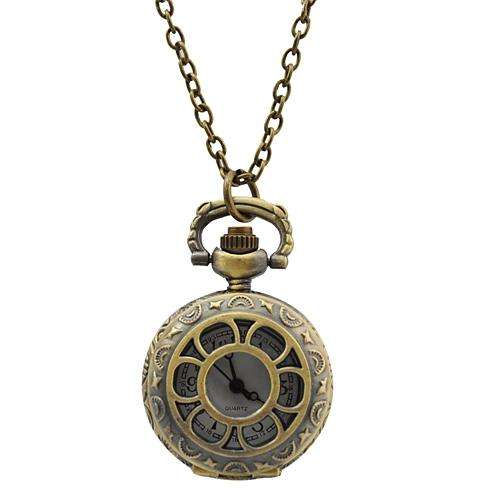 Antique Hollow Flower Style Brass Quartz Pocket Watch With Chain