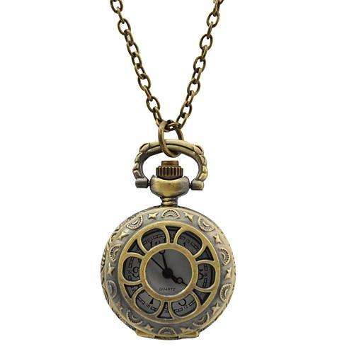 Antique Hollow Flower Style Brass Quartz Pocket Watch With Chain