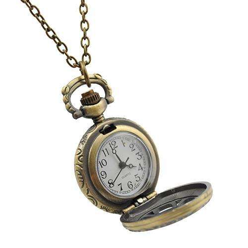 Antique Hollow Flower Style Brass Quartz Pocket Watch With Chain