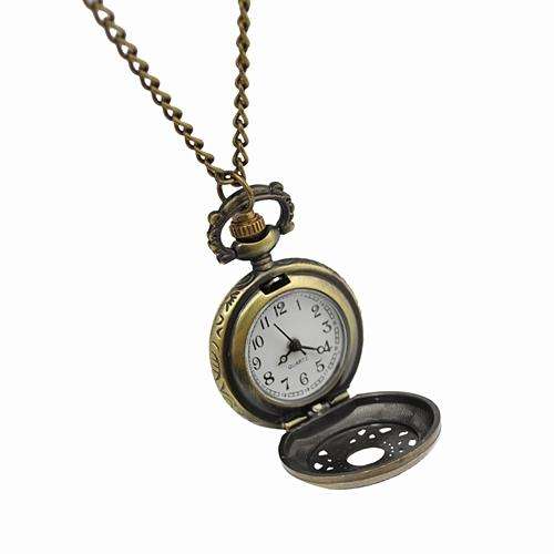 Antique Style Hollow Flower Brass Quartz Pocket Watch With Chain