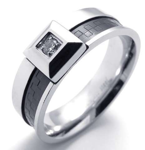 Titanium Stainless Steel Ring Grain Clear CZ Diamond Men Ring ~Wedding/Engagement