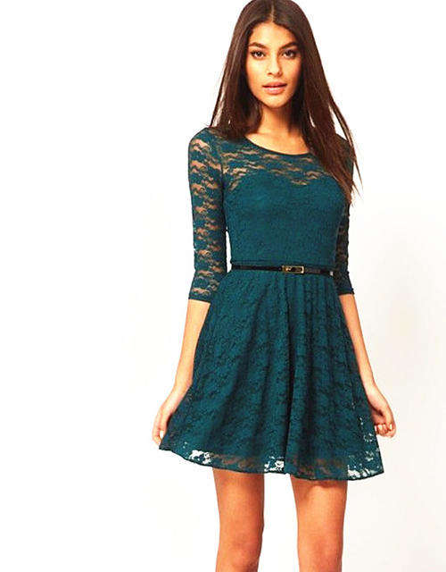Green Skater Lace Sexy Dress with 3/4 Sleeve