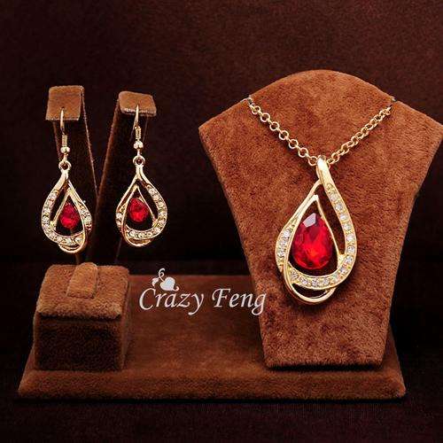 18k Yellow Gold Filled Ruby/White/Blue Sapphire Austrian Crystal Chain Jewelry Set