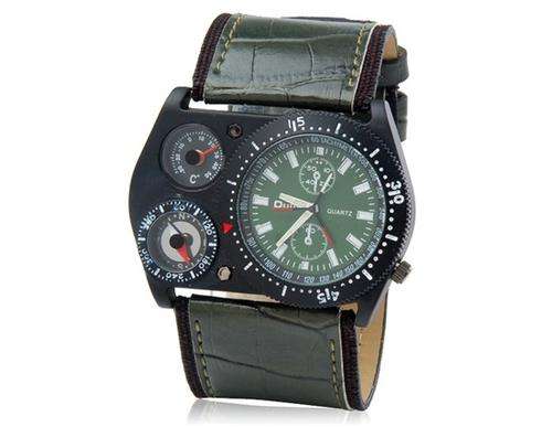 Quartz Movement Analog Sporty Watch with Faux Leather Strap, Compass, Thermometer
