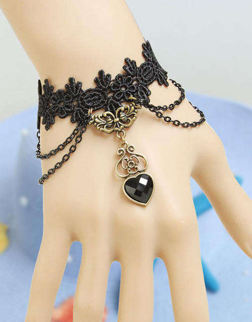 Black Lace Gothic Bracelet Heart Pendant & Chains
